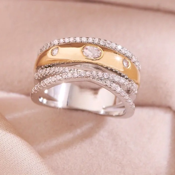 Mixed Metal Gold Silver & Diamond Stacked Ring - Picture 1 of 8
